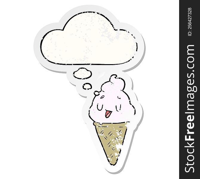 Cute Cartoon Ice Cream And Thought Bubble As A Distressed Worn Sticker