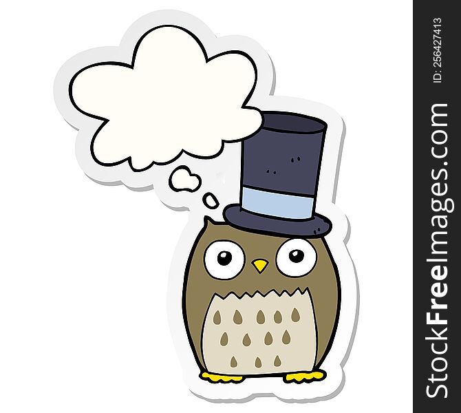cartoon owl wearing top hat with thought bubble as a printed sticker