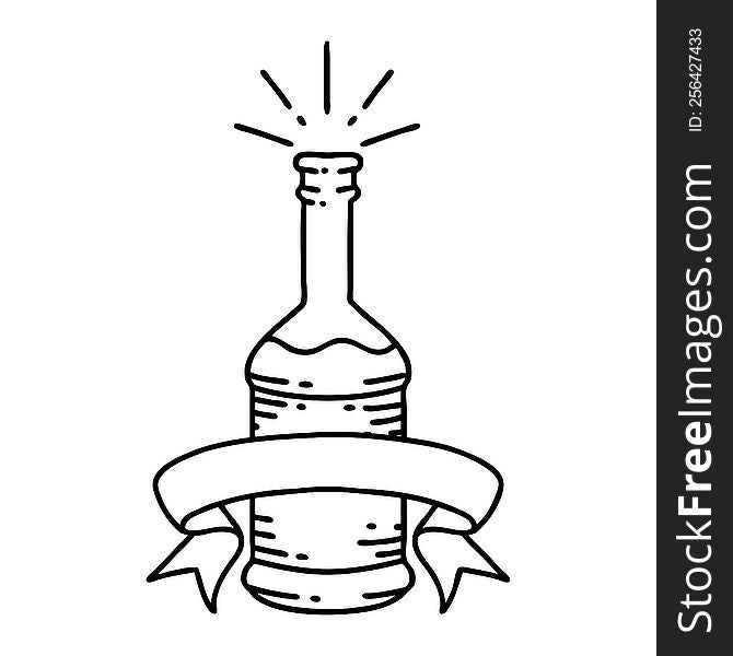 scroll banner with black line work tattoo style beer bottle