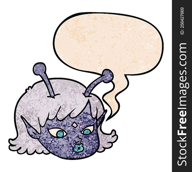 Cartoon Alien Space Girl Face And Speech Bubble In Retro Texture Style