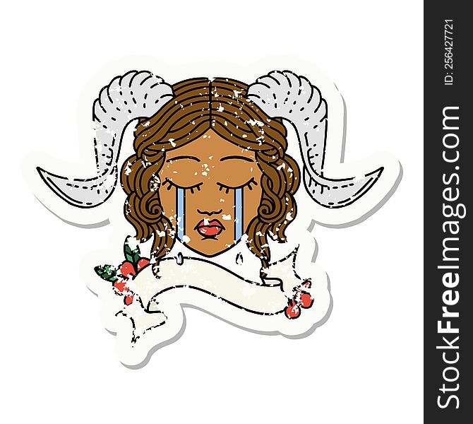 Retro Tattoo Style crying tiefling character face with scroll banner. Retro Tattoo Style crying tiefling character face with scroll banner