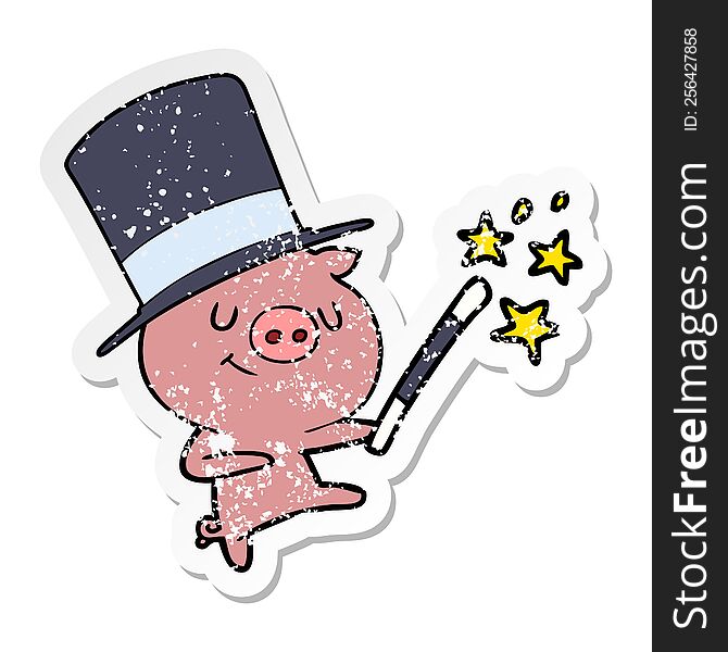 distressed sticker of a happy cartoon pig magician