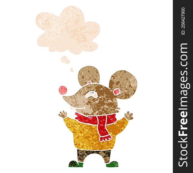 Cartoon Mouse Wearing Scarf And Thought Bubble In Retro Textured Style