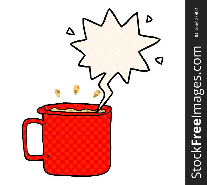 cartoon camping cup of coffee and speech bubble in comic book style