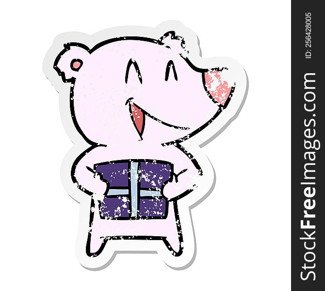 Distressed Sticker Of A Cartppm Bear With Present