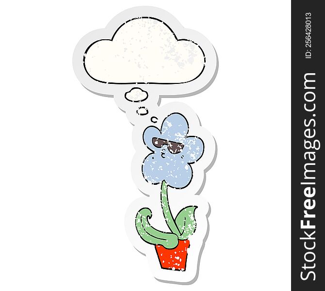 Cool Cartoon Flower And Thought Bubble As A Distressed Worn Sticker
