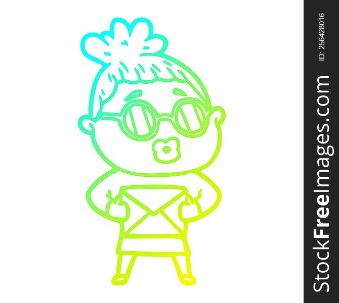 cold gradient line drawing of a cartoon woman wearing sunglasses