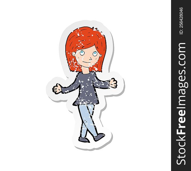 retro distressed sticker of a cartoon woman with no worries