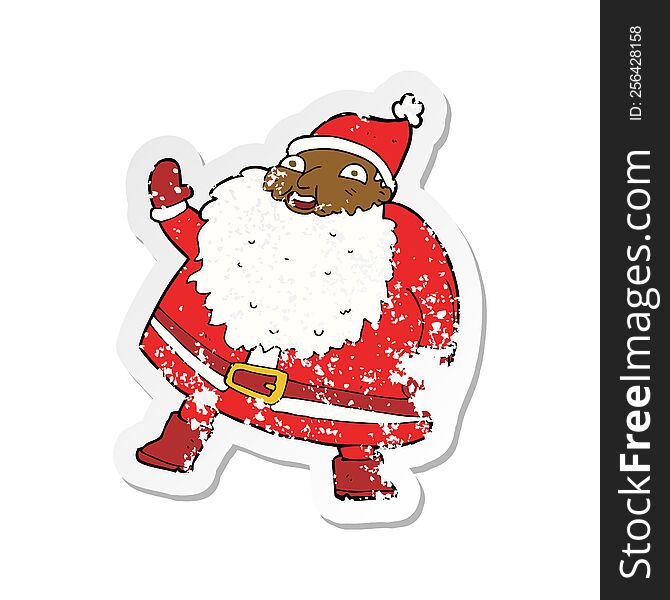 Retro Distressed Sticker Of A Funny Waving Santa Claus Cartoon
