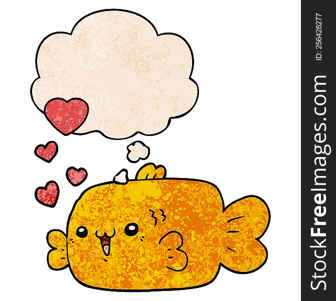 Cute Cartoon Fish With Love Hearts And Thought Bubble In Grunge Texture Pattern Style