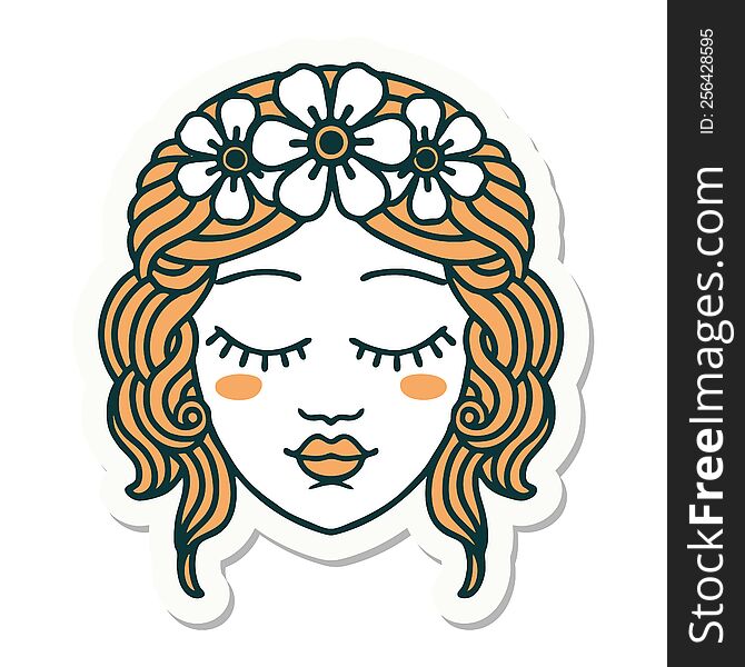 tattoo style sticker of female face with eyes closed