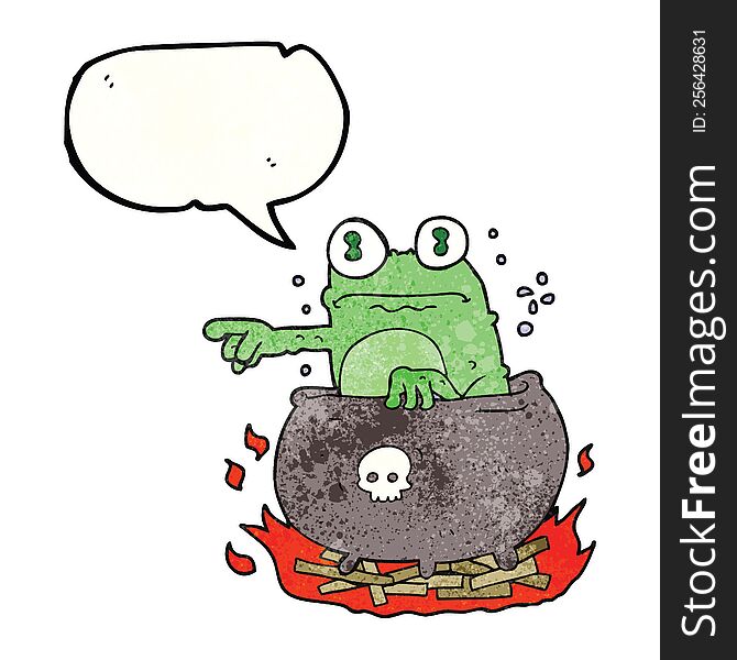 freehand speech bubble textured cartoon halloween toad in cauldron