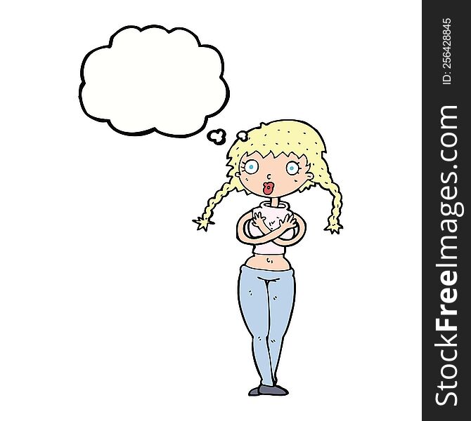 cartoon offended woman covering herself with thought bubble