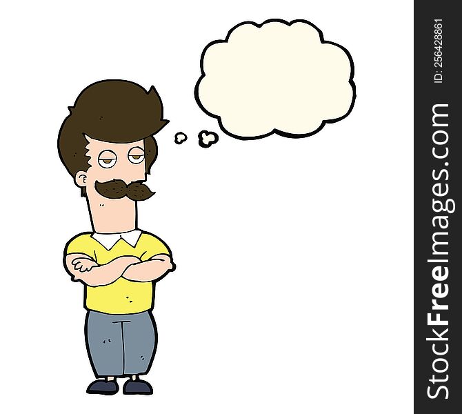 cartoon mustache muscle man with thought bubble