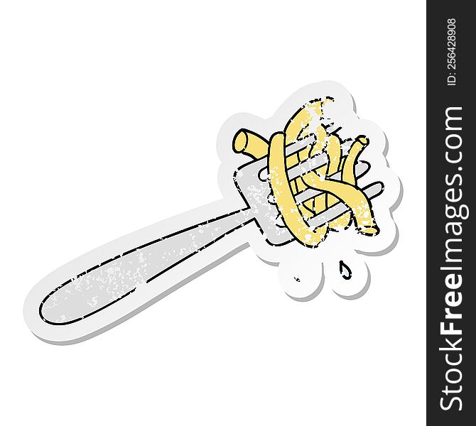 distressed sticker of a cartoon spaghetti on fork