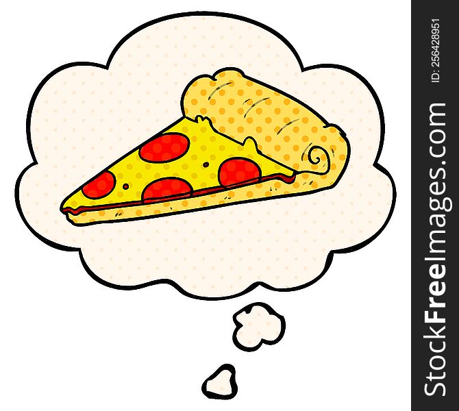 Cartoon Pizza Slice And Thought Bubble In Comic Book Style