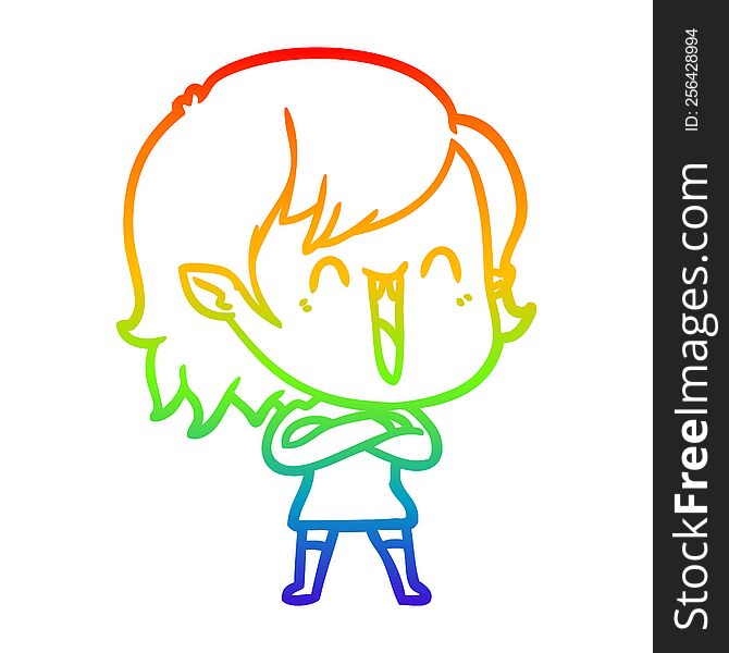 rainbow gradient line drawing of a cute cartoon happy vampire girl