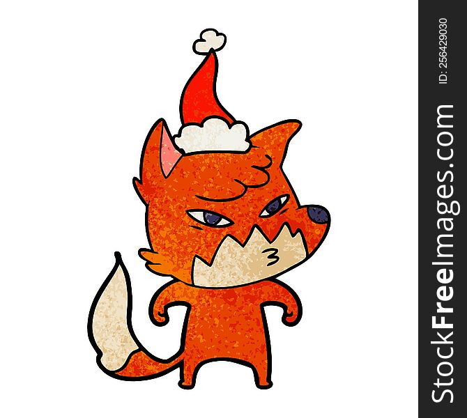 clever hand drawn textured cartoon of a fox wearing santa hat. clever hand drawn textured cartoon of a fox wearing santa hat
