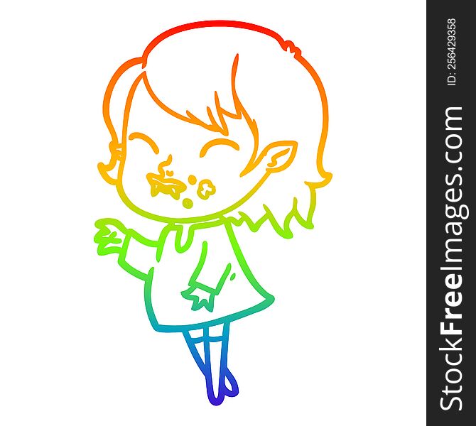 Rainbow Gradient Line Drawing Cartoon Vampire Girl With Blood On Cheek