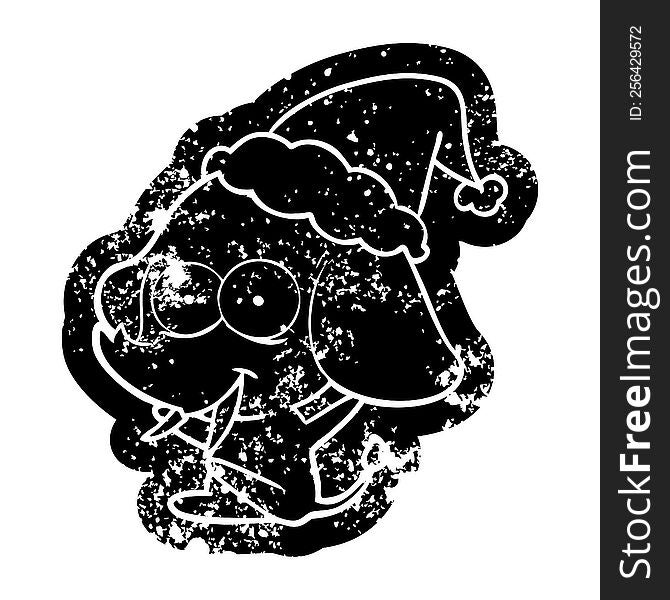 Happy Cartoon Distressed Icon Of A Elephant Wearing Santa Hat