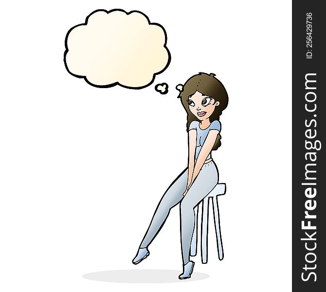 Cartoon Pretty Girl On Stool With Thought Bubble