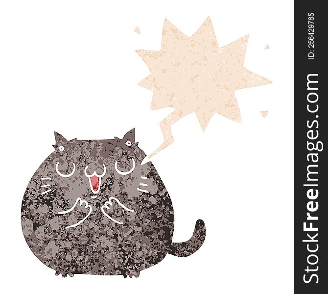 Happy Cartoon Cat And Speech Bubble In Retro Textured Style