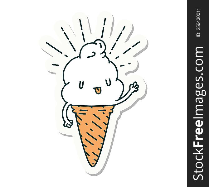 sticker of a tattoo style ice cream character waving
