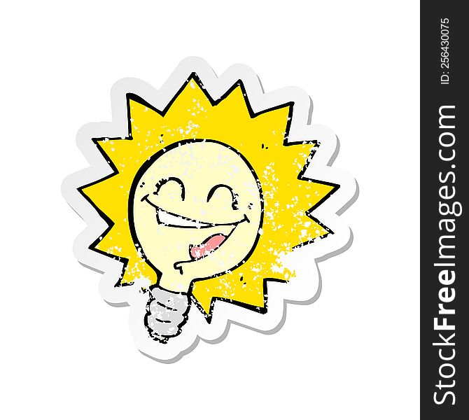 retro distressed sticker of a happy light bulb cartoon