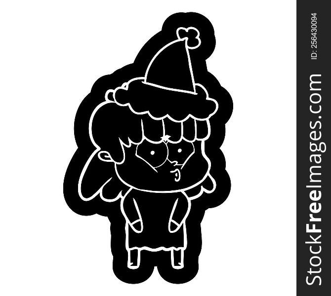 quirky cartoon icon of a whistling girl wearing santa hat
