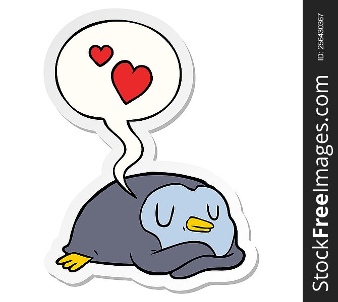 Cartoon Penguin And Love Hearts And Speech Bubble Sticker