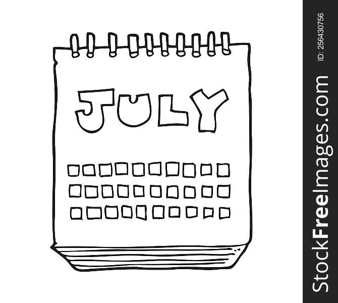 freehand drawn black and white cartoon calendar showing month of July