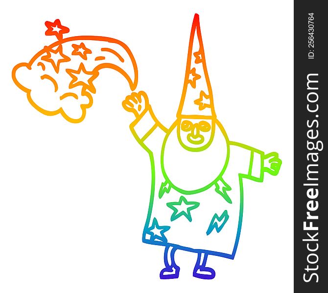 rainbow gradient line drawing of a cartoon wizard casting spell