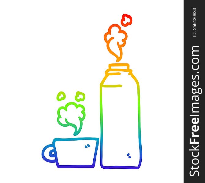 rainbow gradient line drawing of a cartoon hot drink in flask