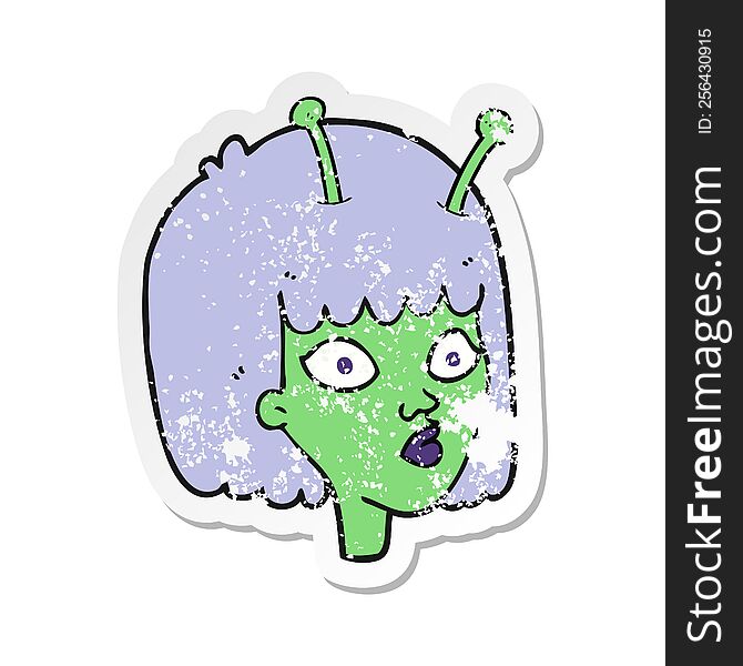 Retro Distressed Sticker Of A Cartoon Female Alien