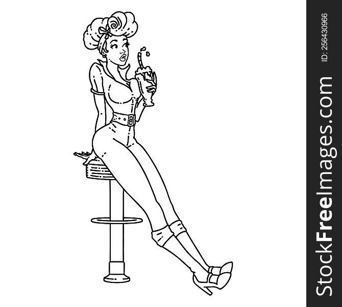 tattoo in black line style of a pinup girl drinking a milkshake. tattoo in black line style of a pinup girl drinking a milkshake