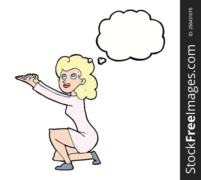 cartoon woman presentation gesture with thought bubble