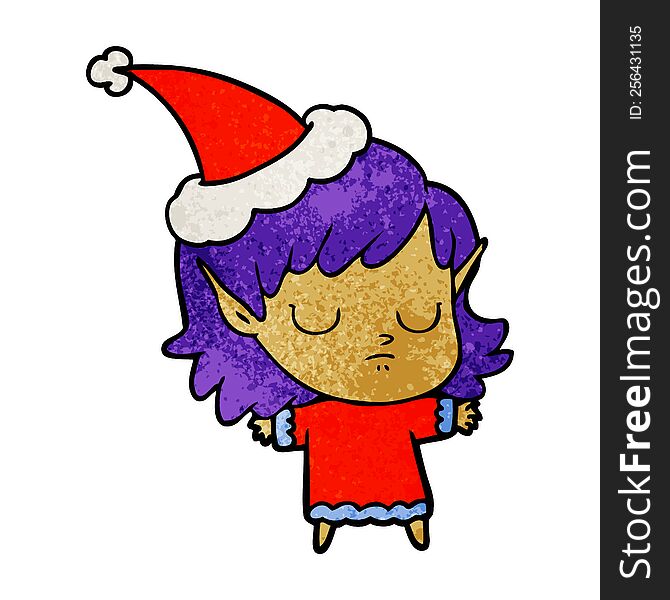 hand drawn textured cartoon of a elf girl wearing santa hat