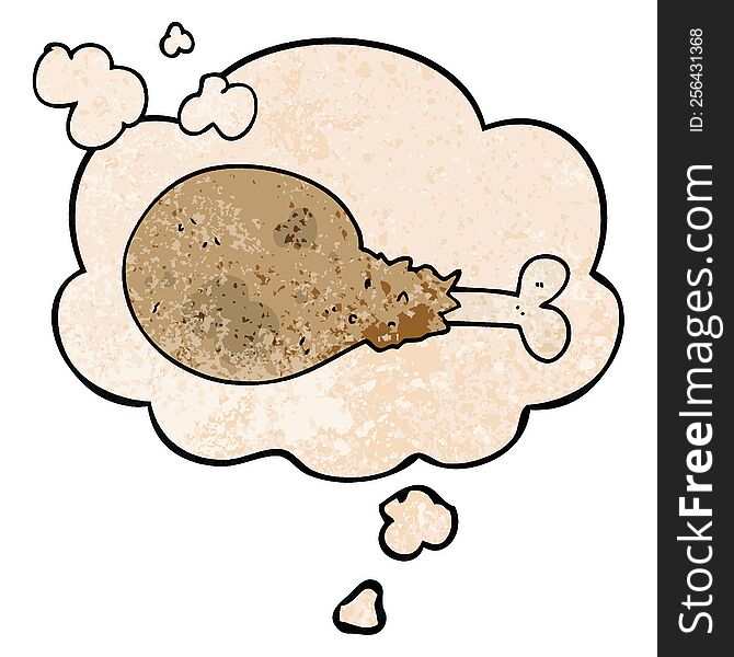 Cartoon Cooked Chicken Leg And Thought Bubble In Grunge Texture Pattern Style