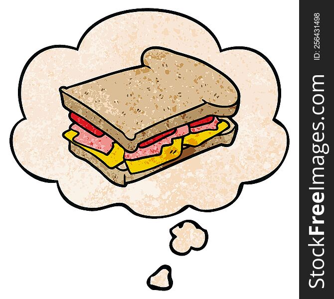 Cartoon Ham Sandwich And Thought Bubble In Grunge Texture Pattern Style