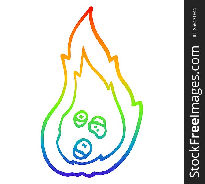 rainbow gradient line drawing of a cartoon burning coals