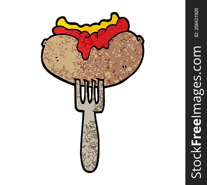 grunge textured illustration cartoon hotdog with mustard and ketchup on fork