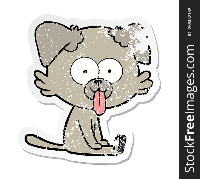 distressed sticker of a cartoon sitting dog with tongue sticking out