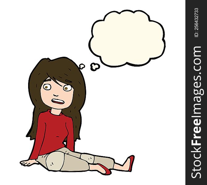 cartoon girl sitting on floor with thought bubble