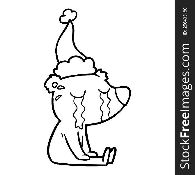 hand drawn line drawing of a crying sitting polar bear wearing santa hat