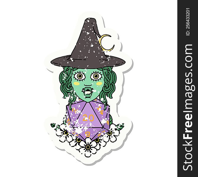 grunge sticker of a half orc witch with natural twenty dice roll. grunge sticker of a half orc witch with natural twenty dice roll
