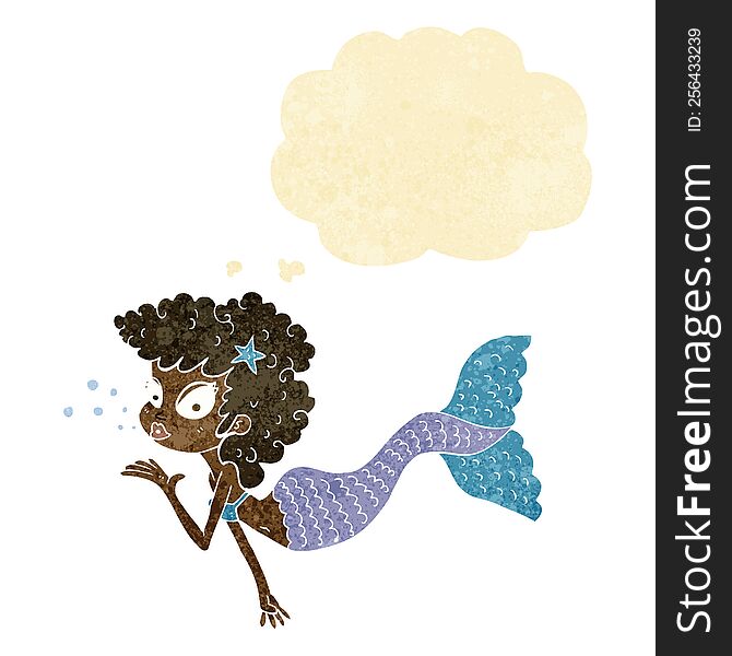 cartoon mermaid blowing kiss with thought bubble