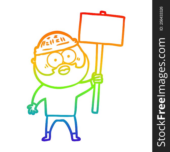 Rainbow Gradient Line Drawing Cartoon Bearded Man With Signpost