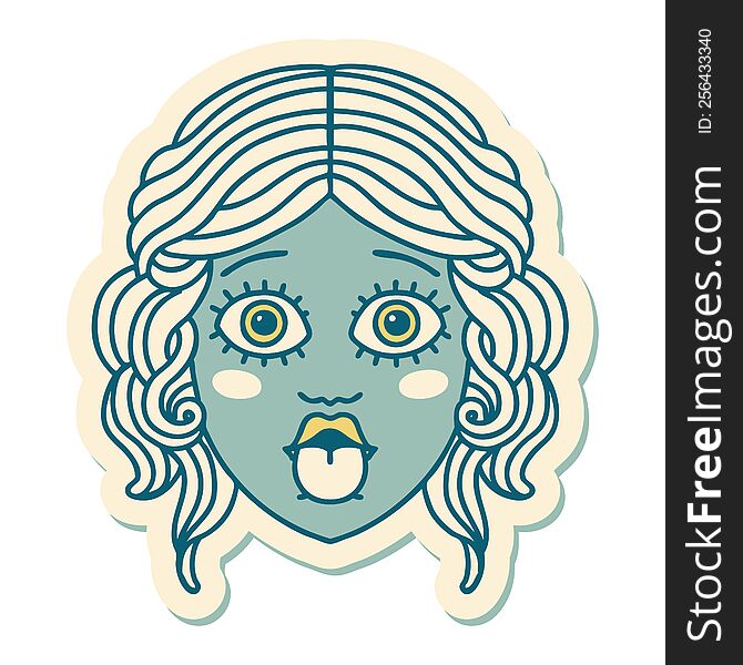 sticker of tattoo in traditional style of female face sticking out tongue. sticker of tattoo in traditional style of female face sticking out tongue