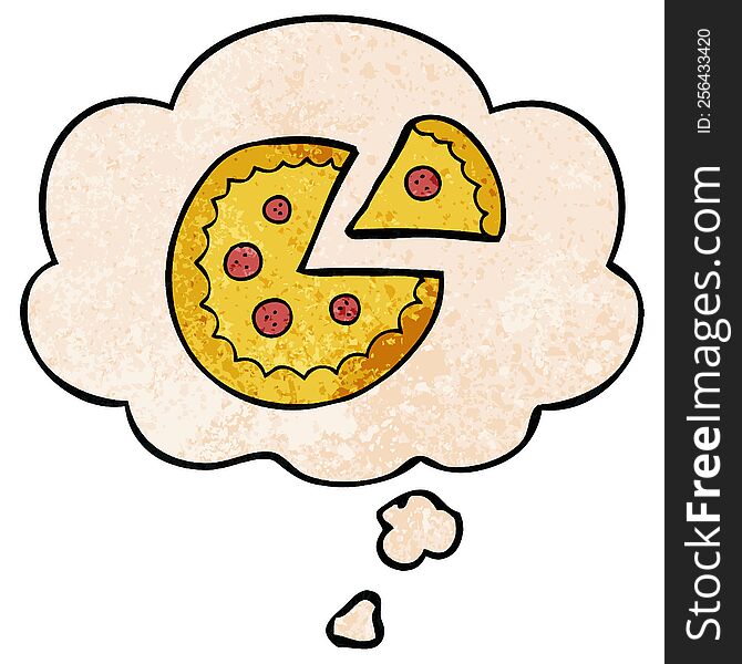 Cartoon Pizza And Thought Bubble In Grunge Texture Pattern Style