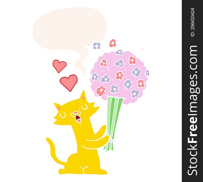 Cartoon Cat In Love And Flowers And Speech Bubble In Retro Style